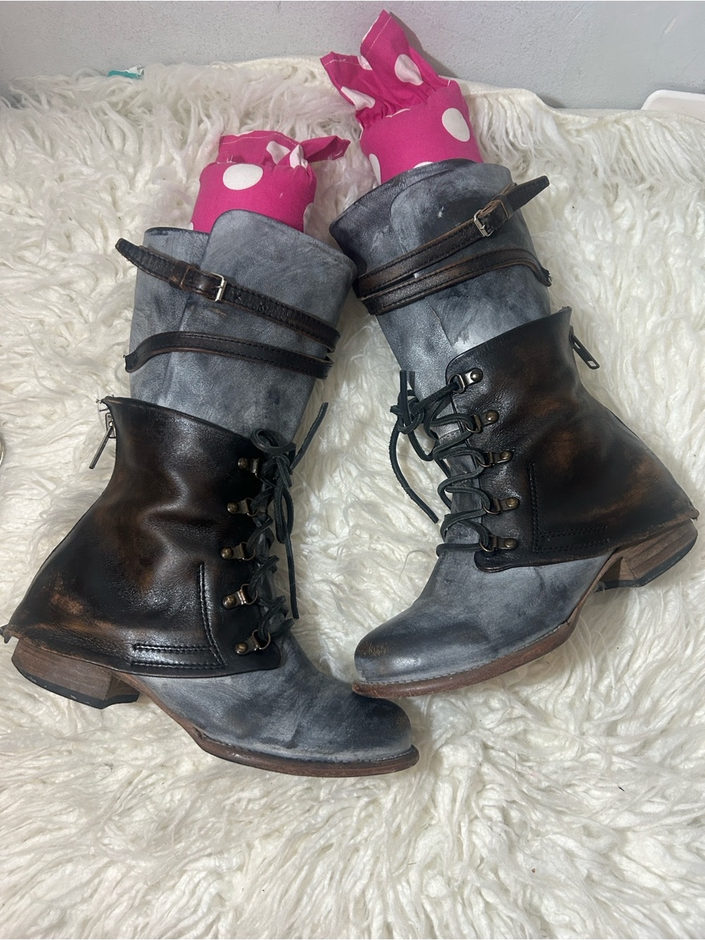 Freebird Ravi Two-Tone Brown & Gray Leather Lace-Up Ankle Boots size 8 - Picture 2 of 10